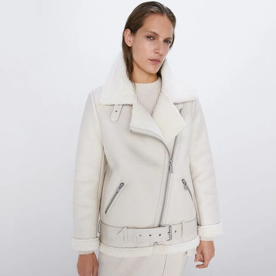 Faux Leather Women's Aviator Belted Jacket Beige/Black