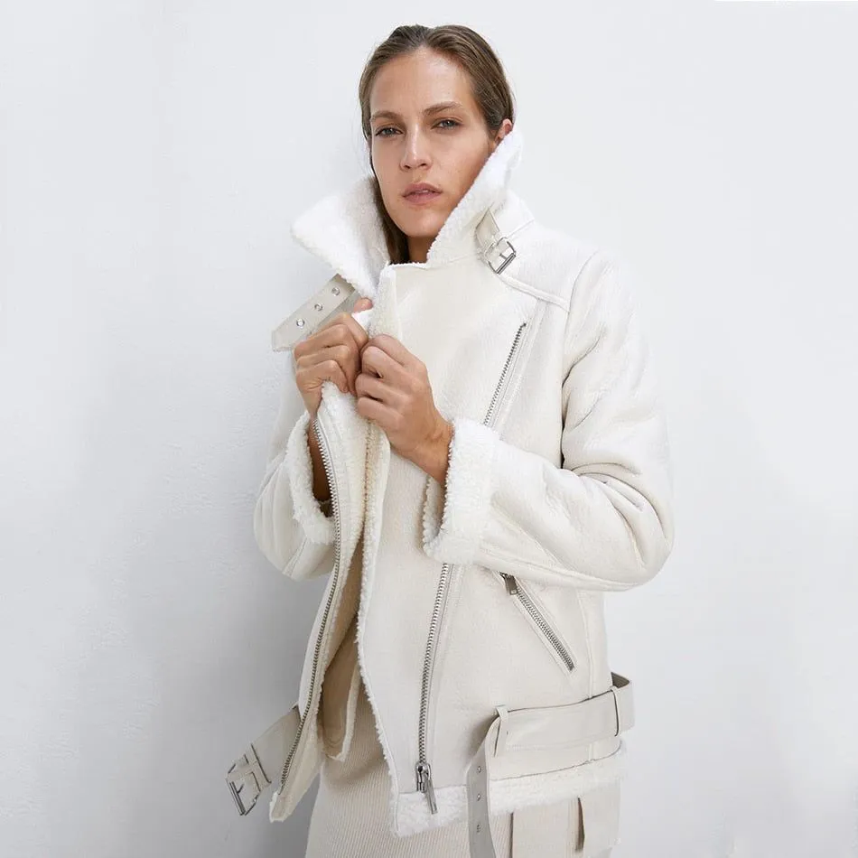 Faux Leather Women's Aviator Belted Jacket Beige/Black