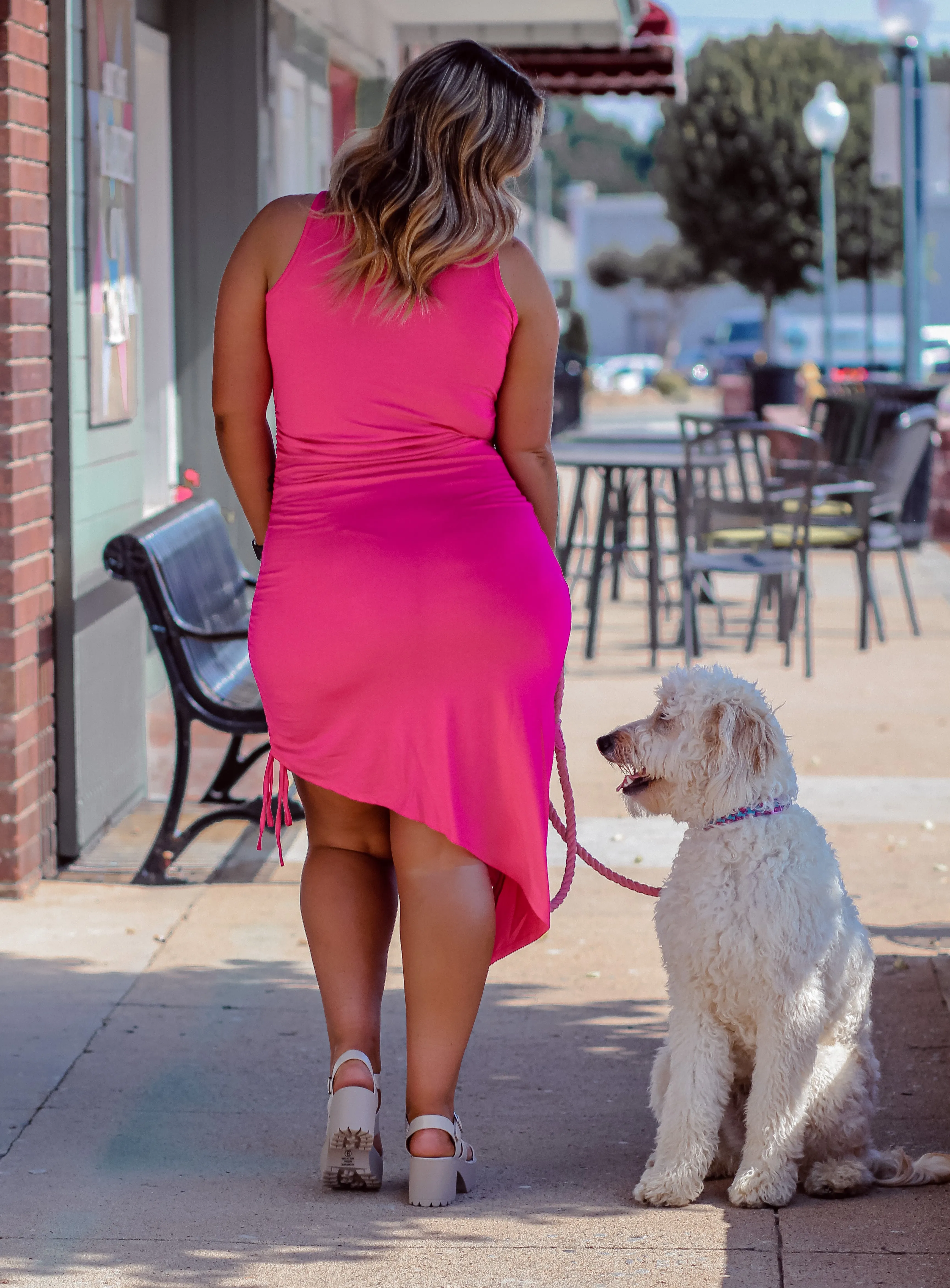 Fuchsia Ruched Asymmetrical Midi Dress