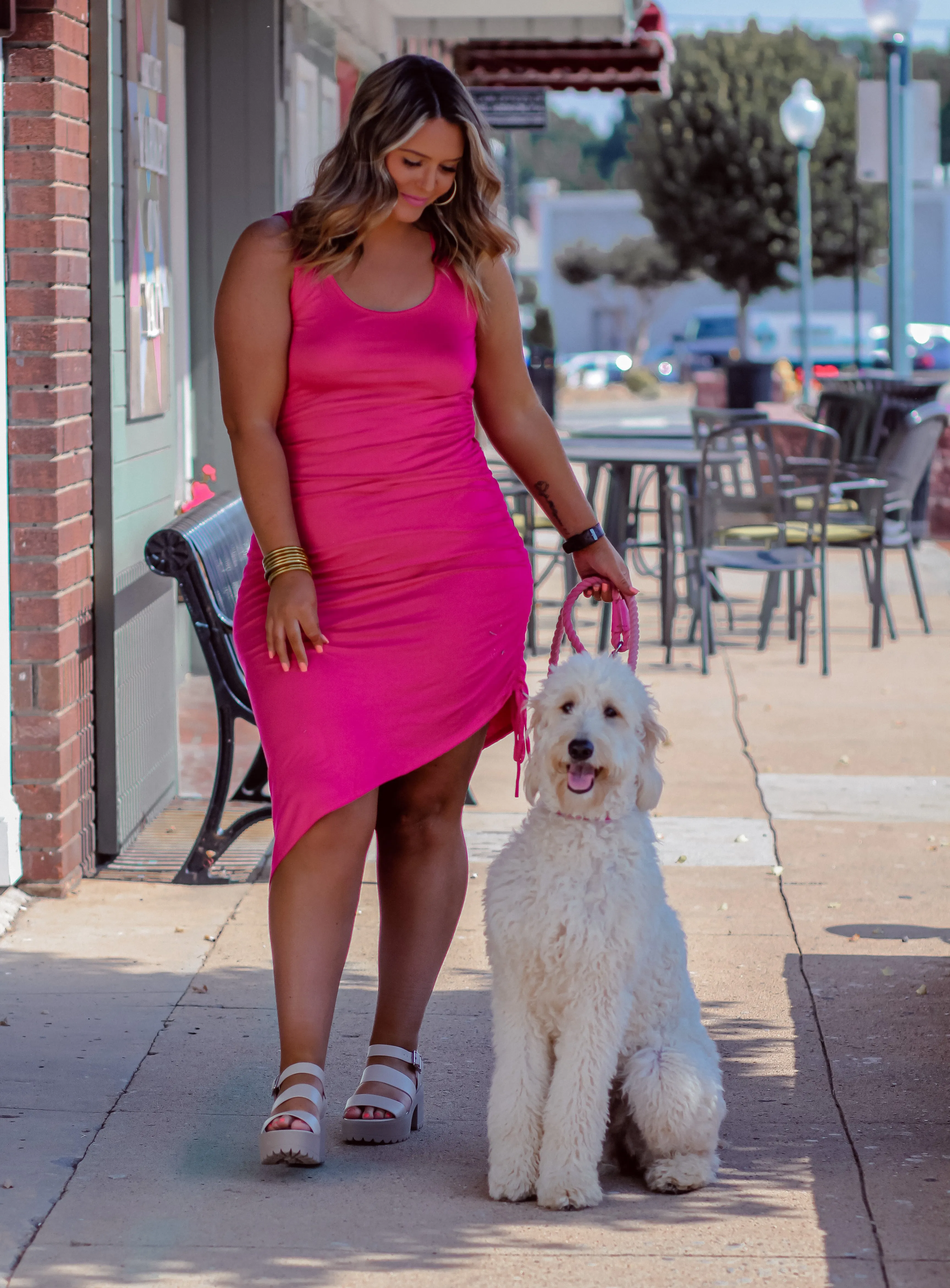 Fuchsia Ruched Asymmetrical Midi Dress