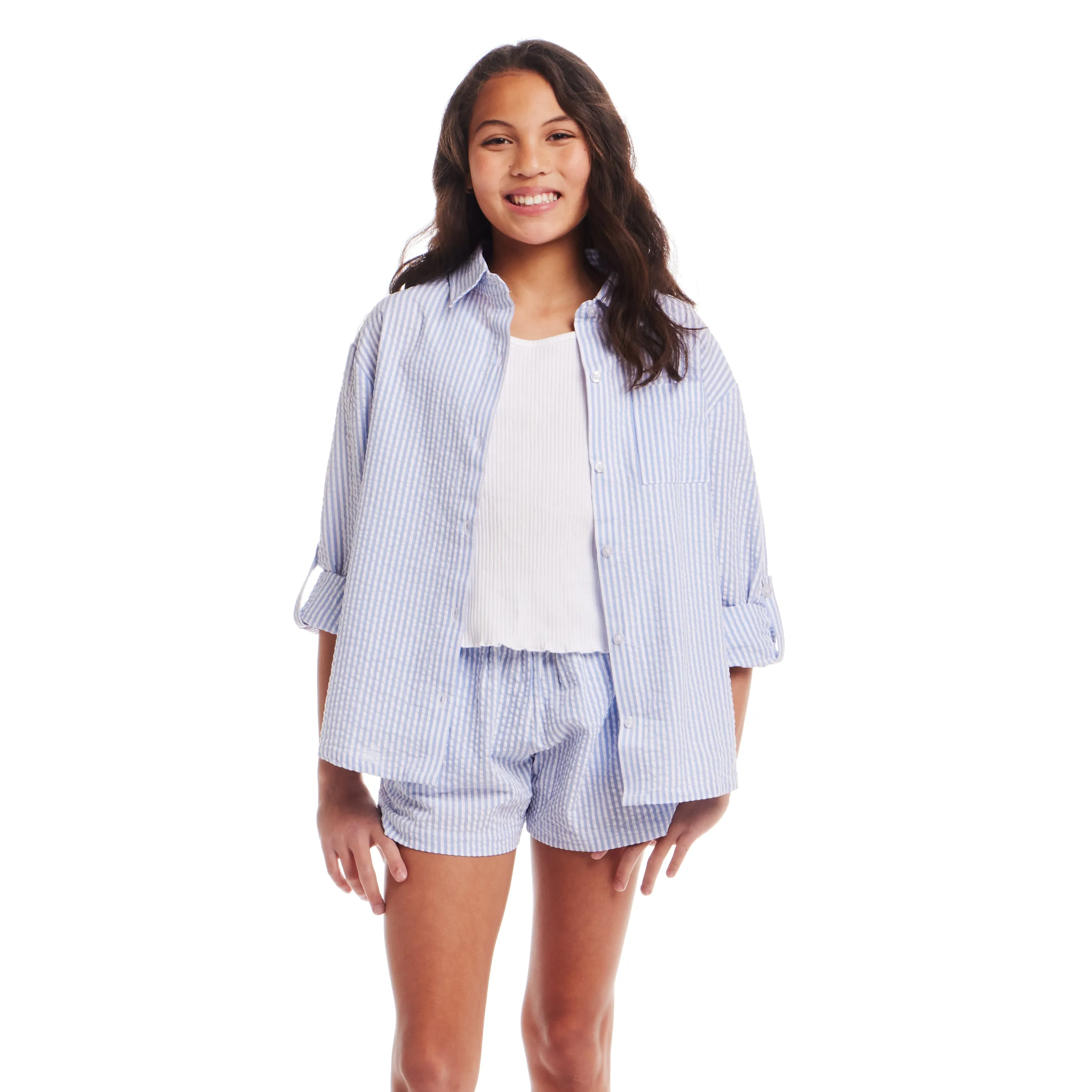Kids (7-16) Striped Woven Buttondown & Short Set | Seaside Breeze