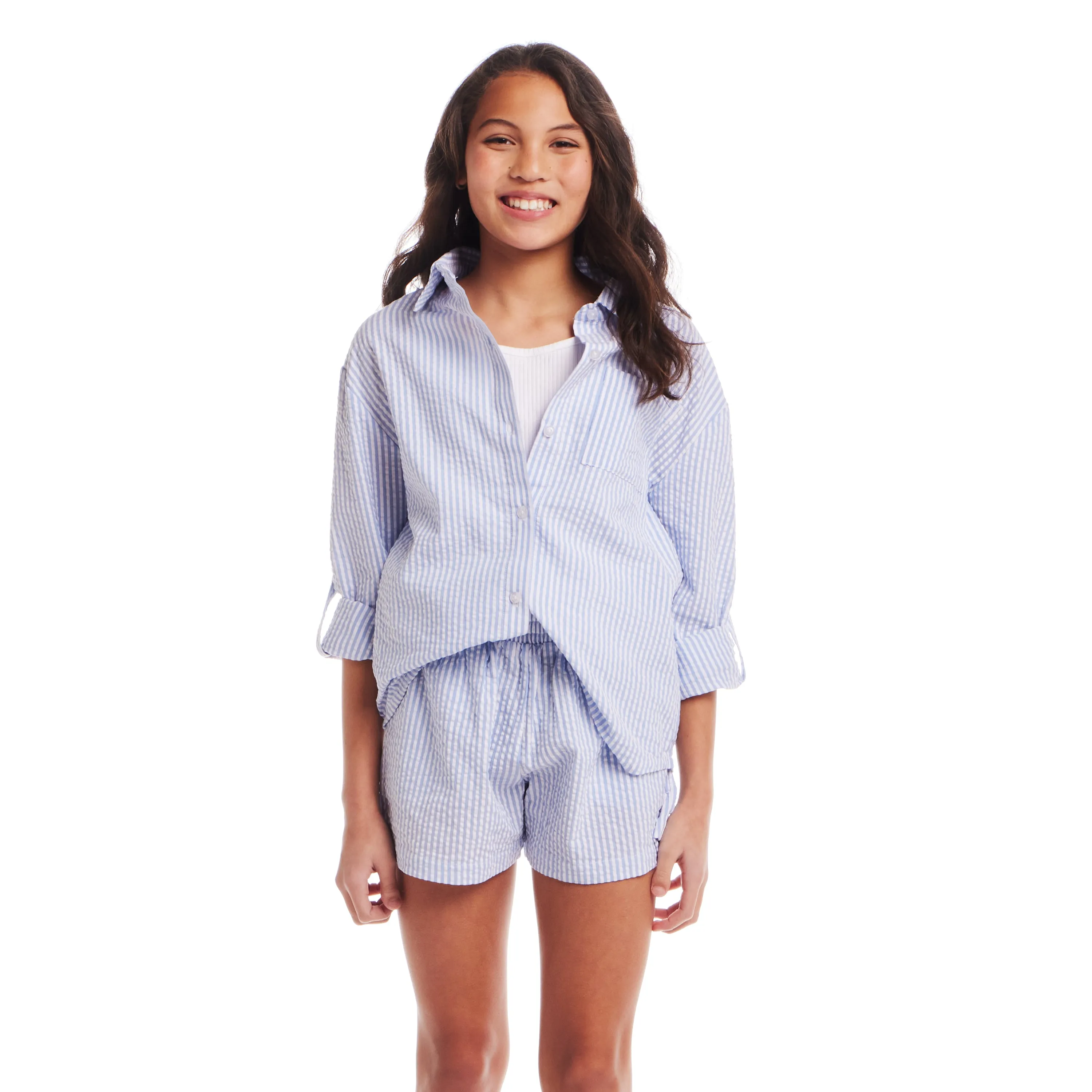 Kids (7-16) Striped Woven Buttondown & Short Set | Seaside Breeze