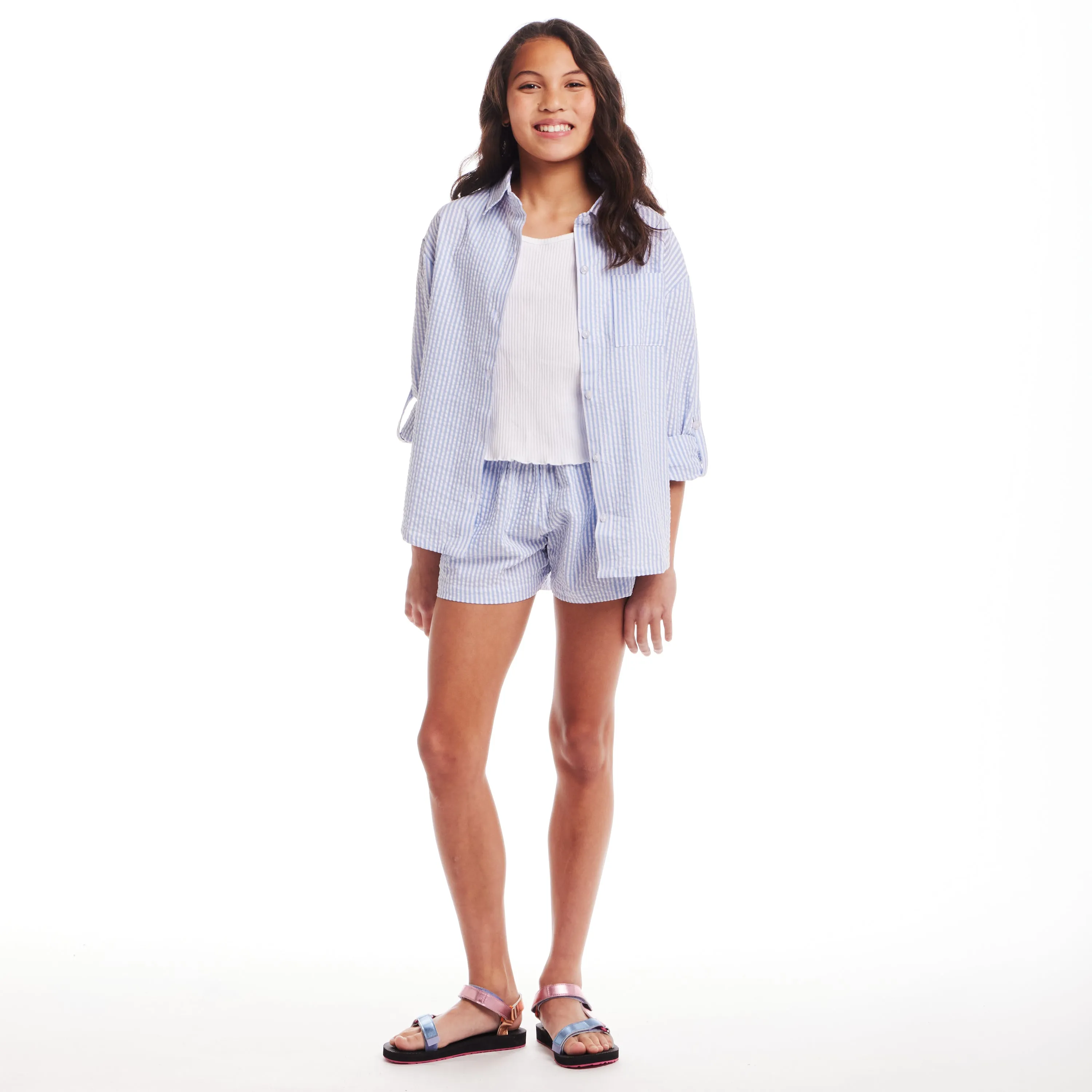 Kids (7-16) Striped Woven Buttondown & Short Set | Seaside Breeze