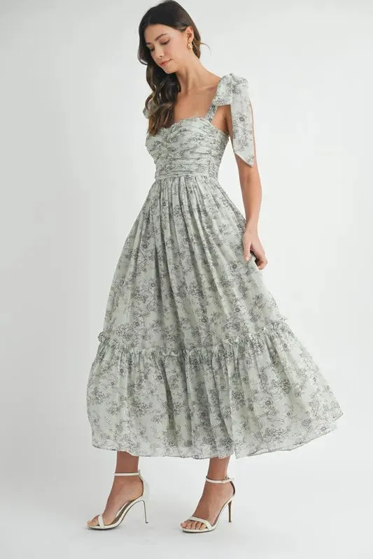 ONLINE EXCLUSIVE MABLE Floral Bust Ruched Midi Dress with Shoulder Tie