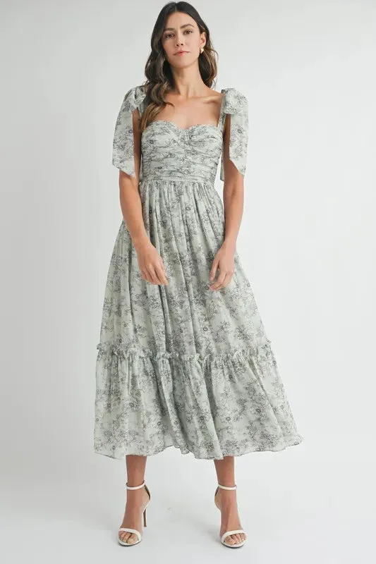 ONLINE EXCLUSIVE MABLE Floral Bust Ruched Midi Dress with Shoulder Tie