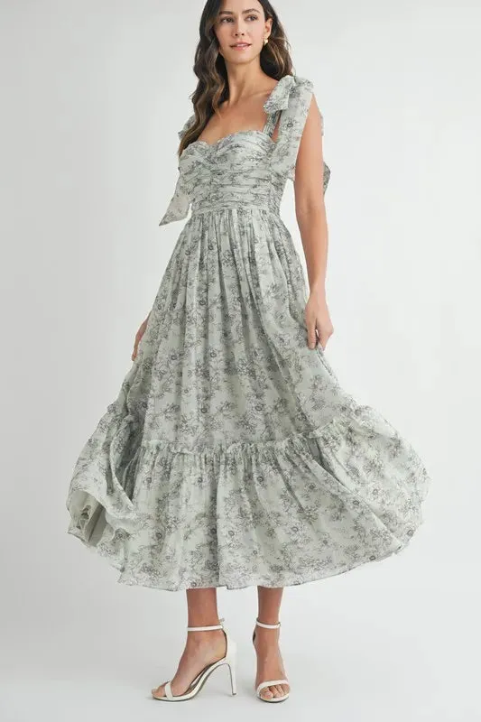 ONLINE EXCLUSIVE MABLE Floral Bust Ruched Midi Dress with Shoulder Tie
