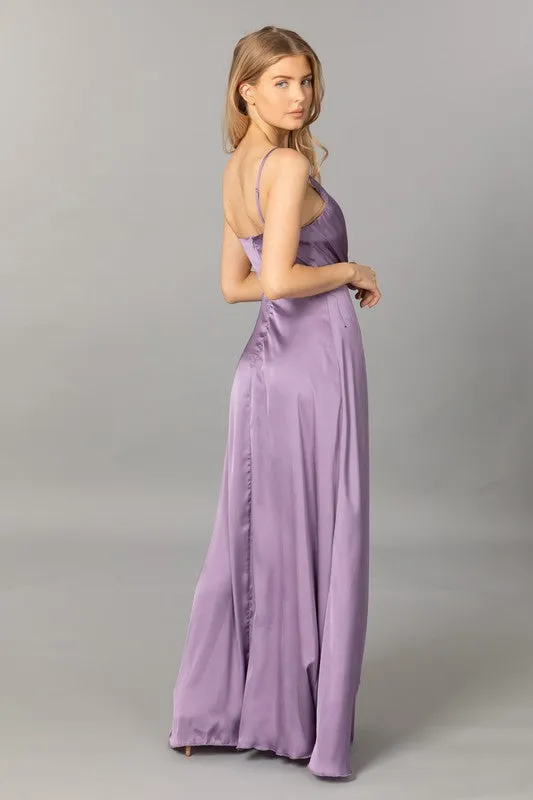 Purple Satin V Neck Cascading Ruffle Maxi Dress