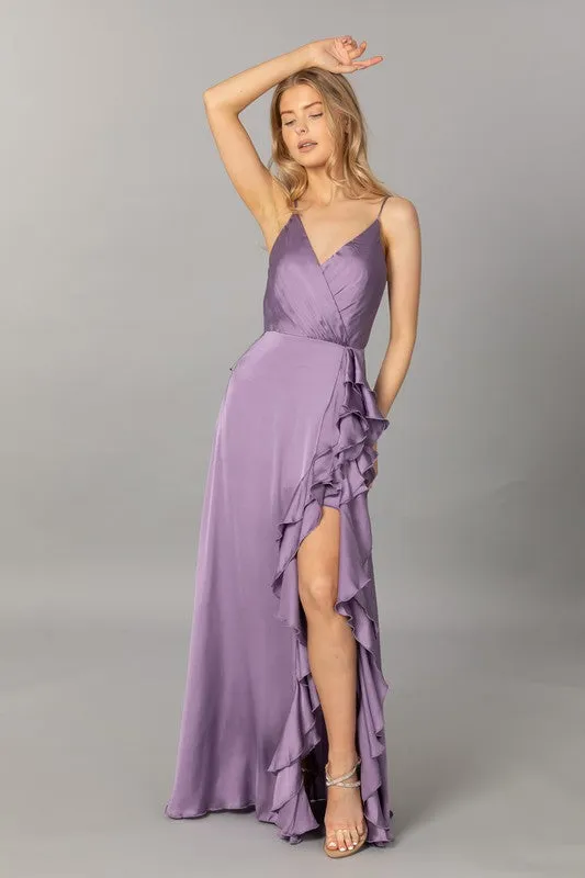 Purple Satin V Neck Cascading Ruffle Maxi Dress