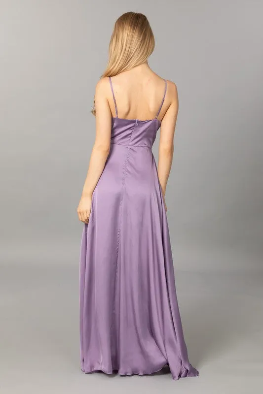 Purple Satin V Neck Cascading Ruffle Maxi Dress