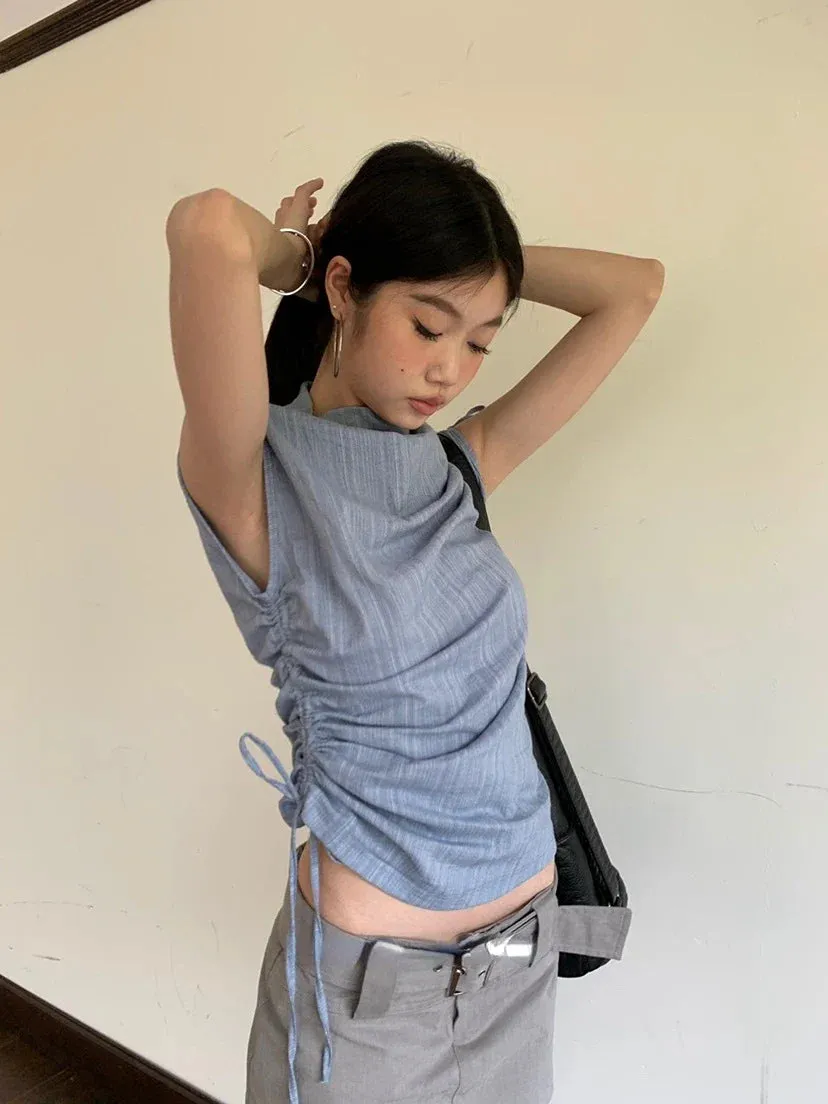 Striped Irregular Drawstring Lace Graceful Up High Neck Tees
